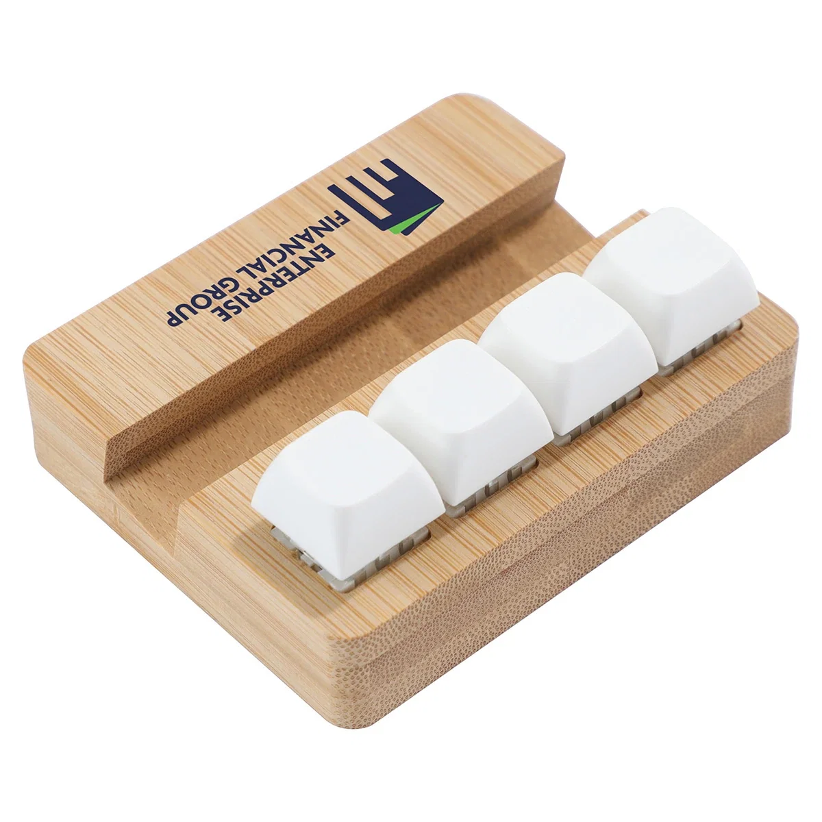Bamboo Phone Stand with Stress Reliever Keyboard, angled view showing both pieces together
