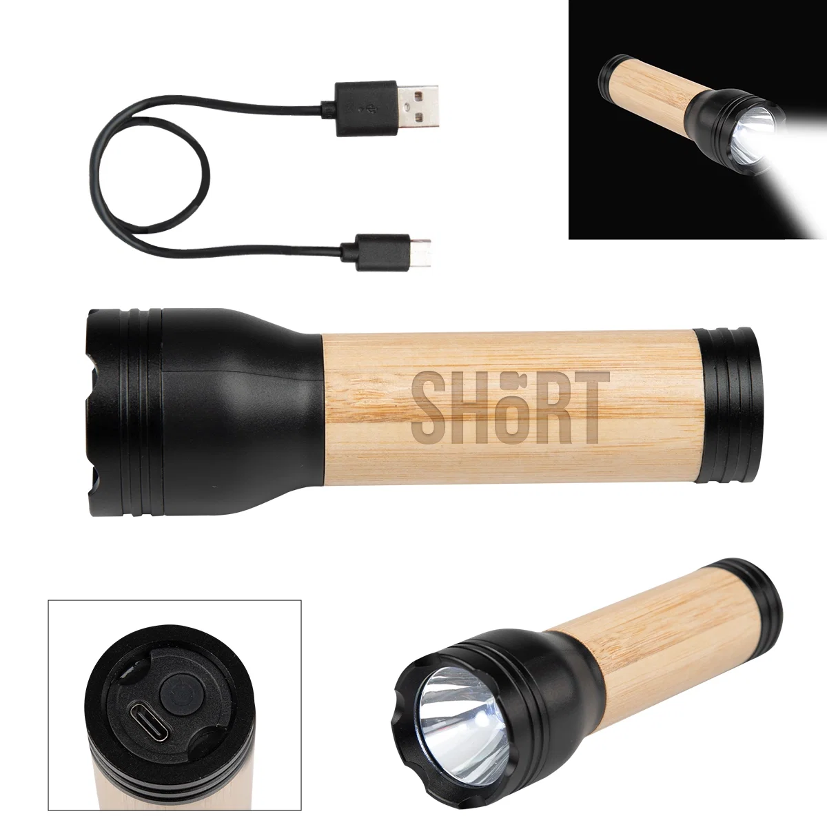 Bamboo LED flashlight standing five inches tall