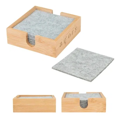 Bamboo holder stacked with gray recycled felt coasters