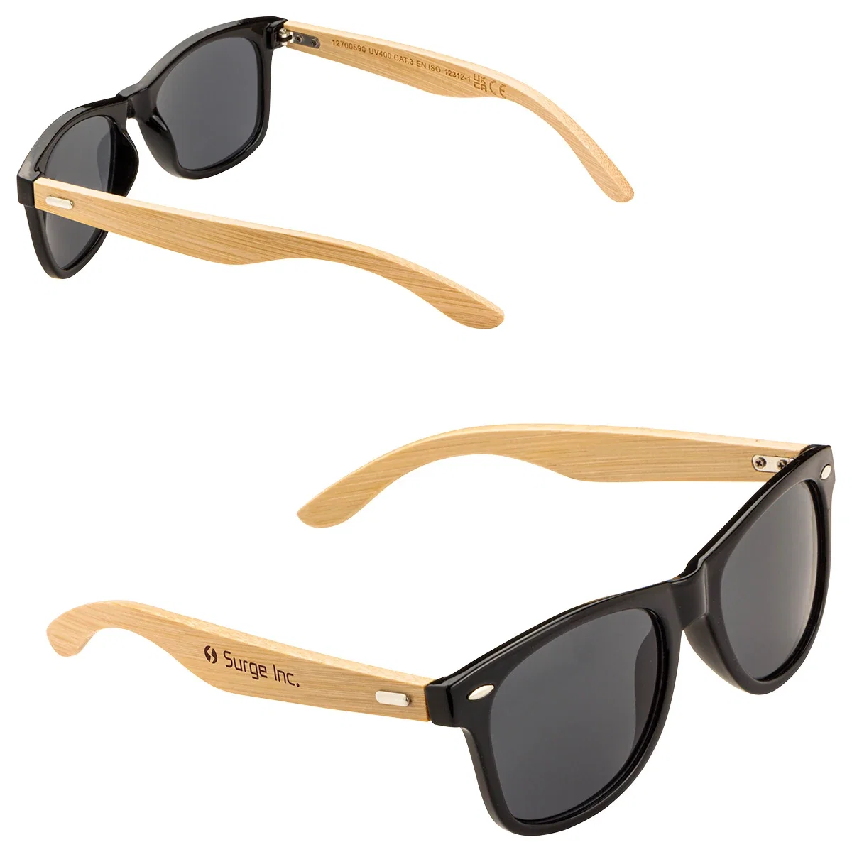 Custom Bamboo Recycled Polycarbonate UV400 Sunglasses, front view of the branded eco-friendly sunglasses