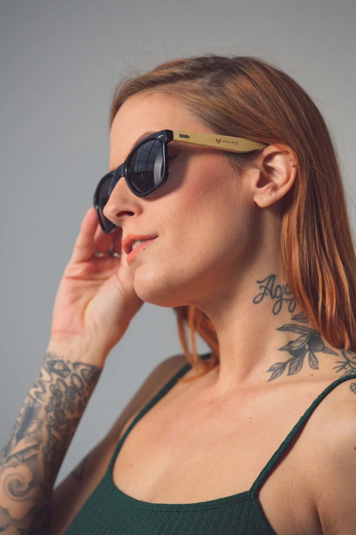 Branded Bamboo Recycled Sunglasses, angled side view showing the bamboo temple detail