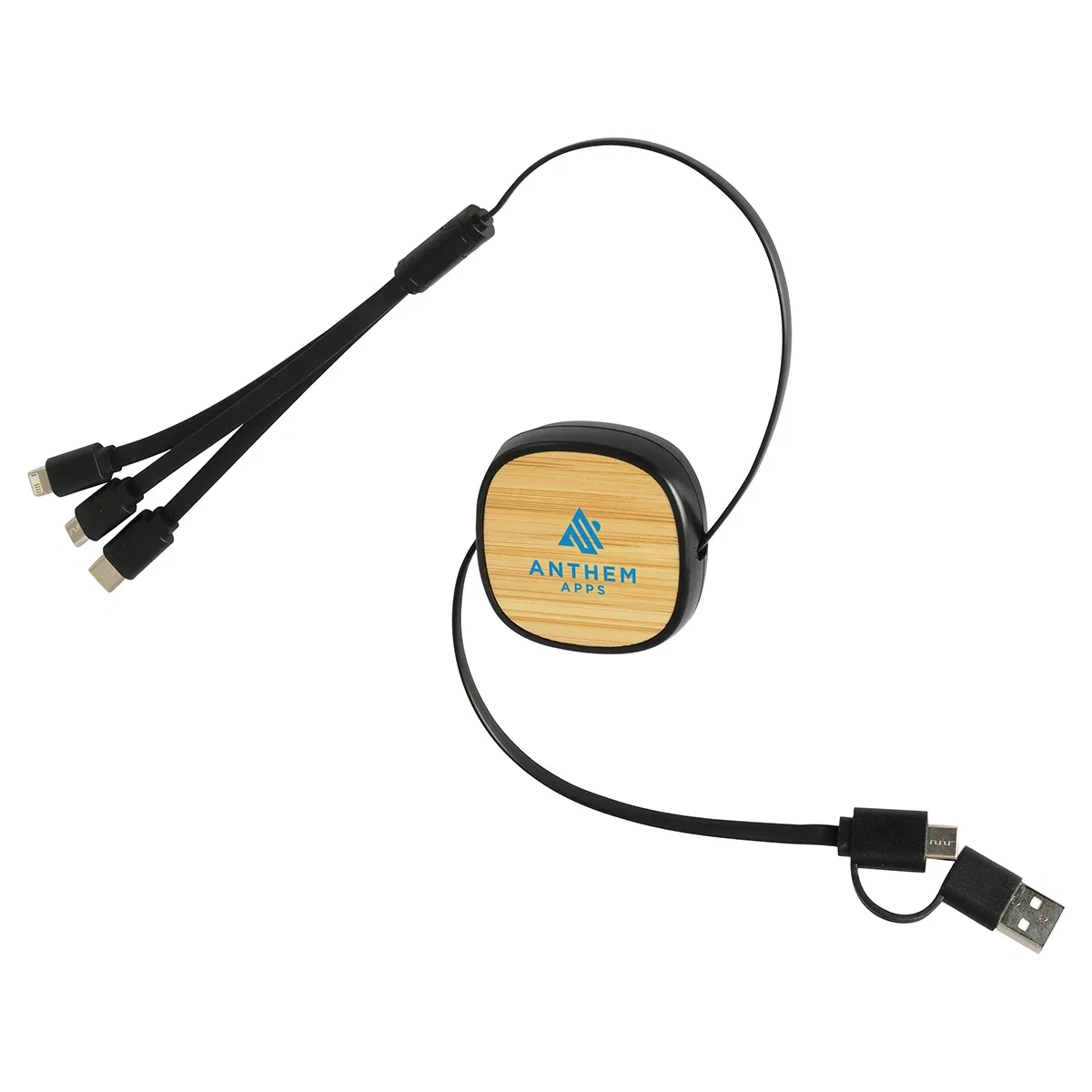 Custom Bamboo Retractable 3-in-1 Charging Cable, front view of the branded retractable cable