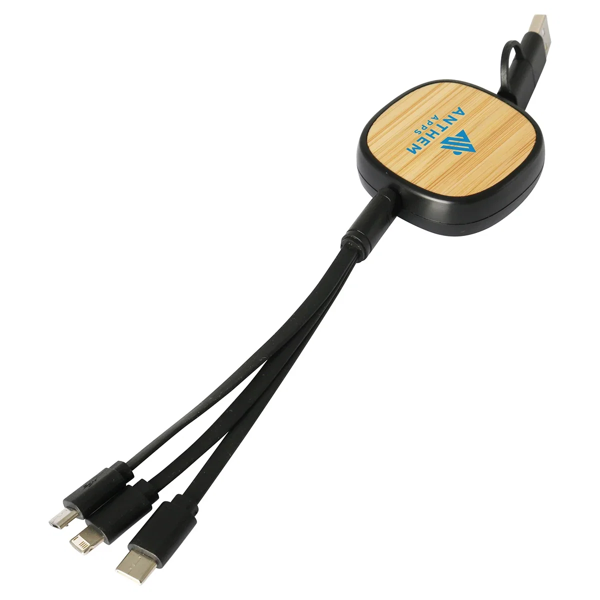 Bamboo Retractable 3-in-1 Charging Cable extended, showing the pull-out retractable cord