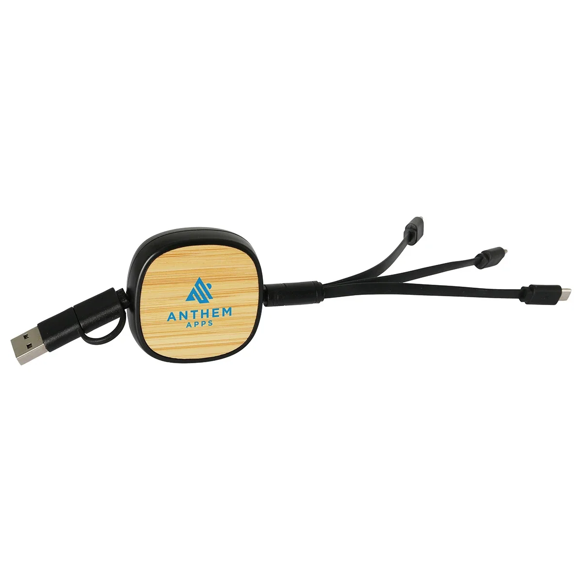 Bamboo Retractable 3-in-1 Charging Cable in use, charging a smartphone with the promotional cable