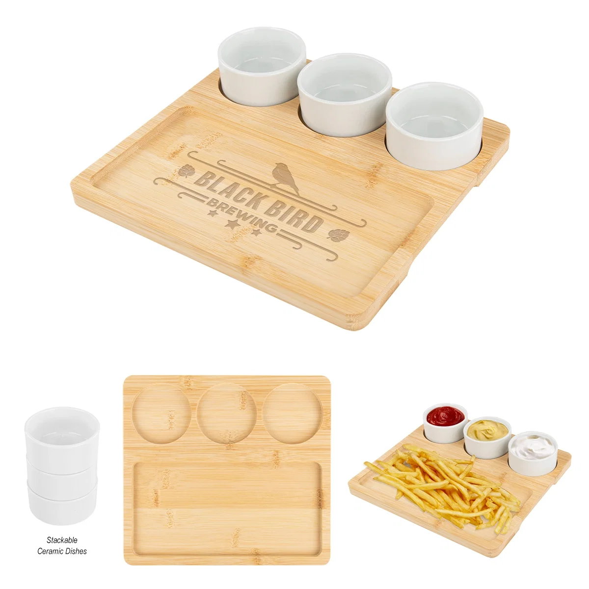 Bamboo serving tray holding a set of ceramic bowls