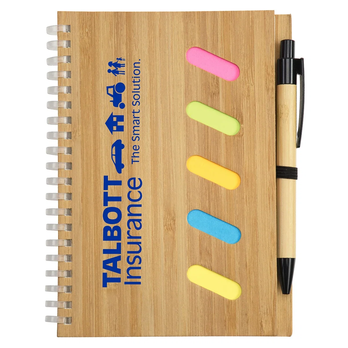 Custom Bamboo Soft Spiral Notebook, straight-on view of the closed cover with sticky note tabs and pen