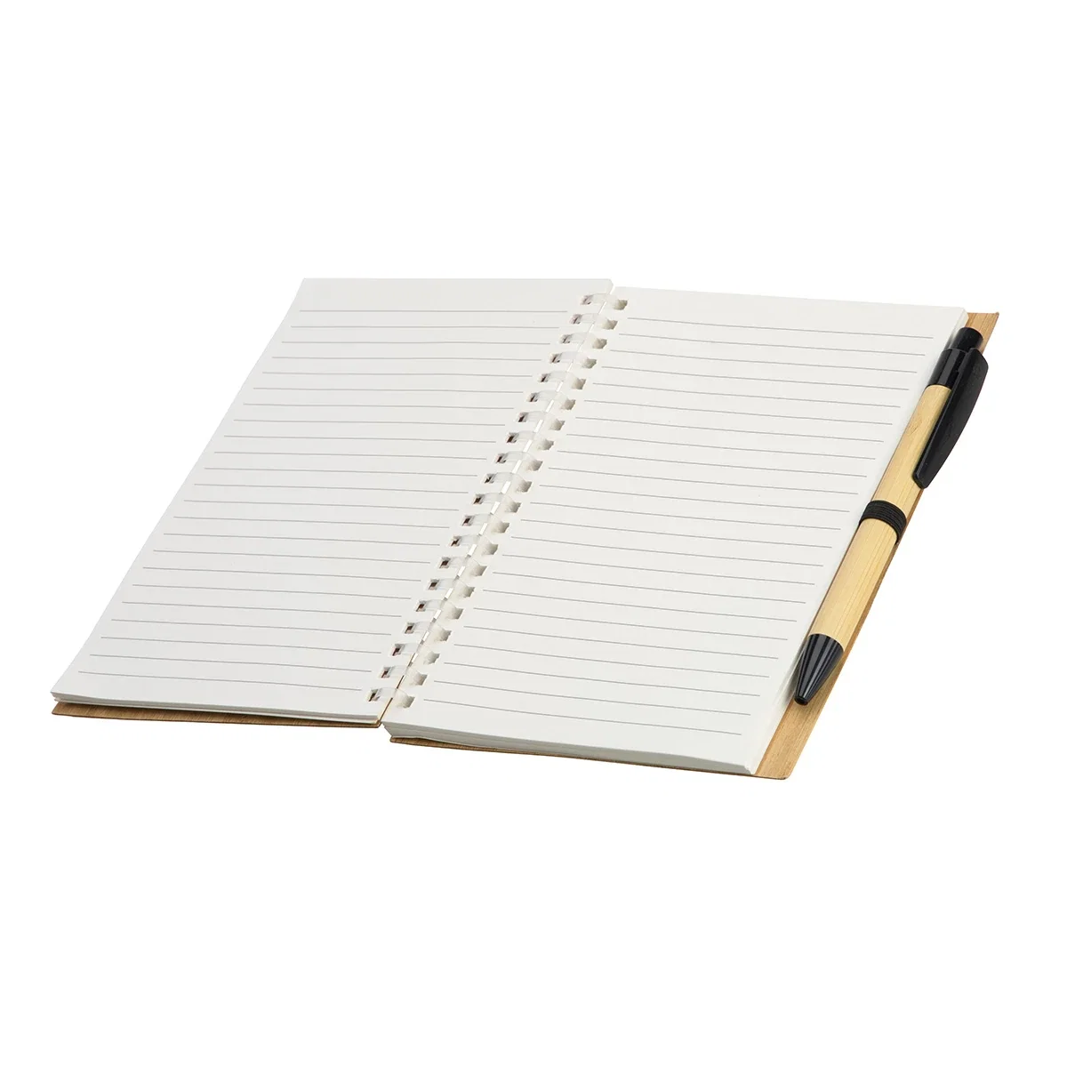 Bamboo Soft Spiral Notebook opened to show the lined pages and spiral binding