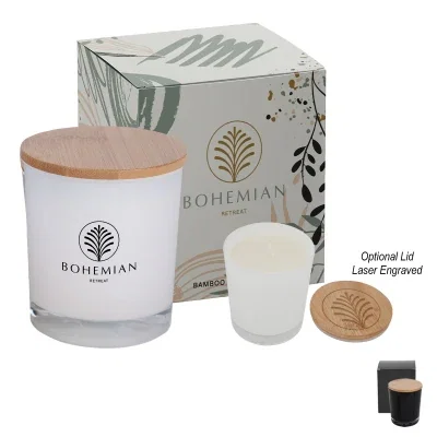 Bamboo lidded soy candle shown beside its matching gift box