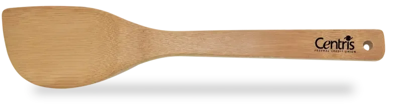 Custom Bamboo Spatula. Solid bamboo kitchen spatula with hanging hole for eco-friendly restaurant giveaways