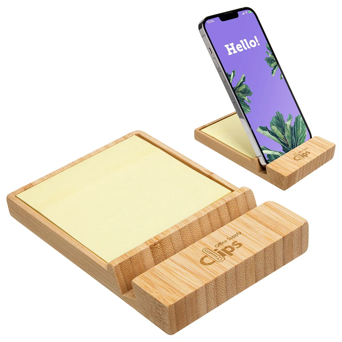 Custom Bamboo Sticky Note Dispenser with Phone Holder, front view of the branded desk accessory