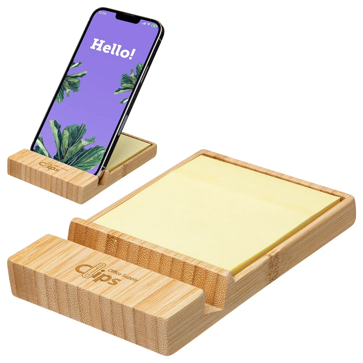 Bamboo Sticky Note Dispenser with Phone Holder shown holding a smartphone, branded desk accessory in use