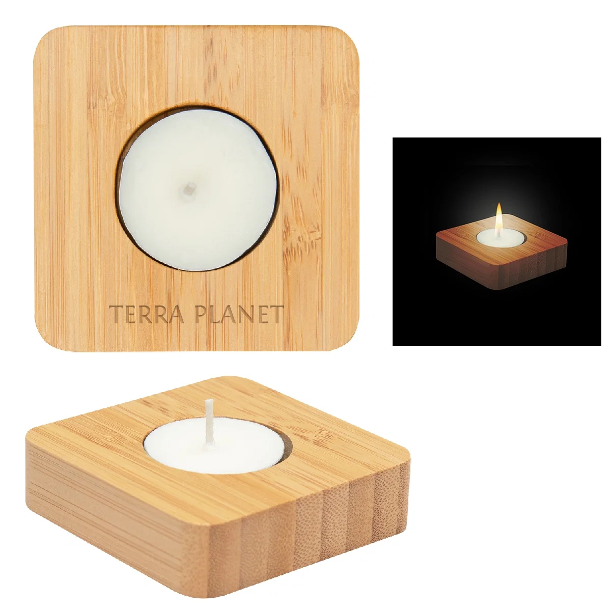 Bamboo tea light holder with a candle set inside