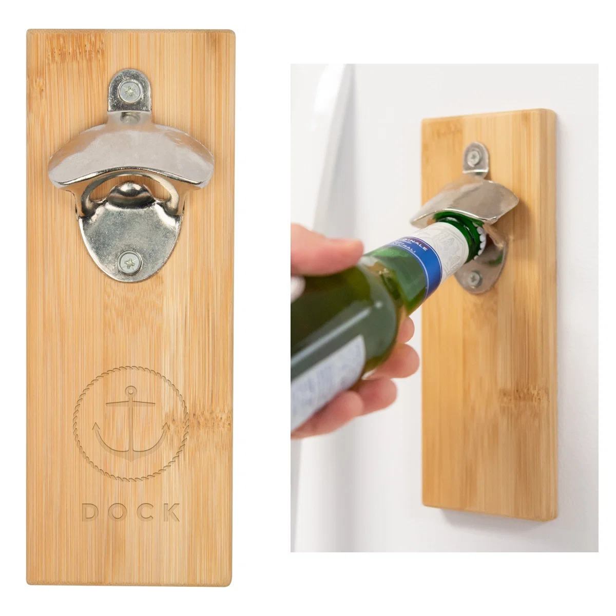 Bamboo wall mounted bottle opener in a natural finish