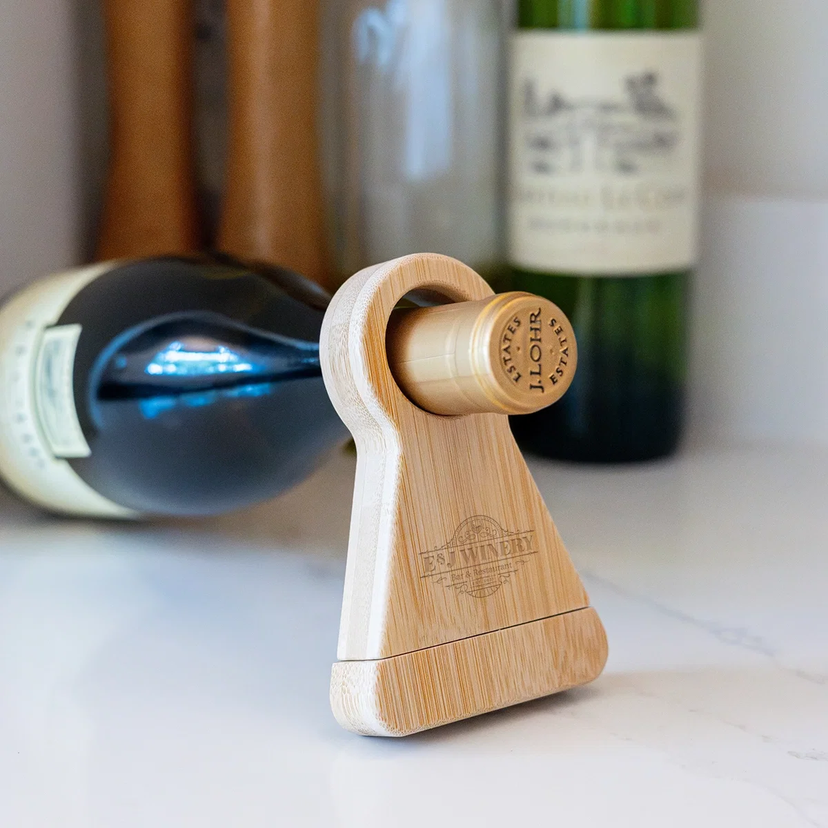 Bottle resting in the stand on a kitchen counter