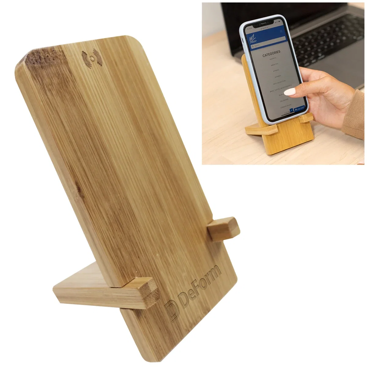 Bamboo Wireless Charger Phone Stand in use