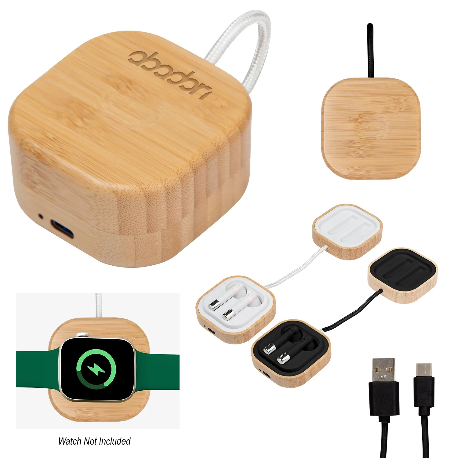 Bamboo charging base holding wireless earbuds and a smartwatch together