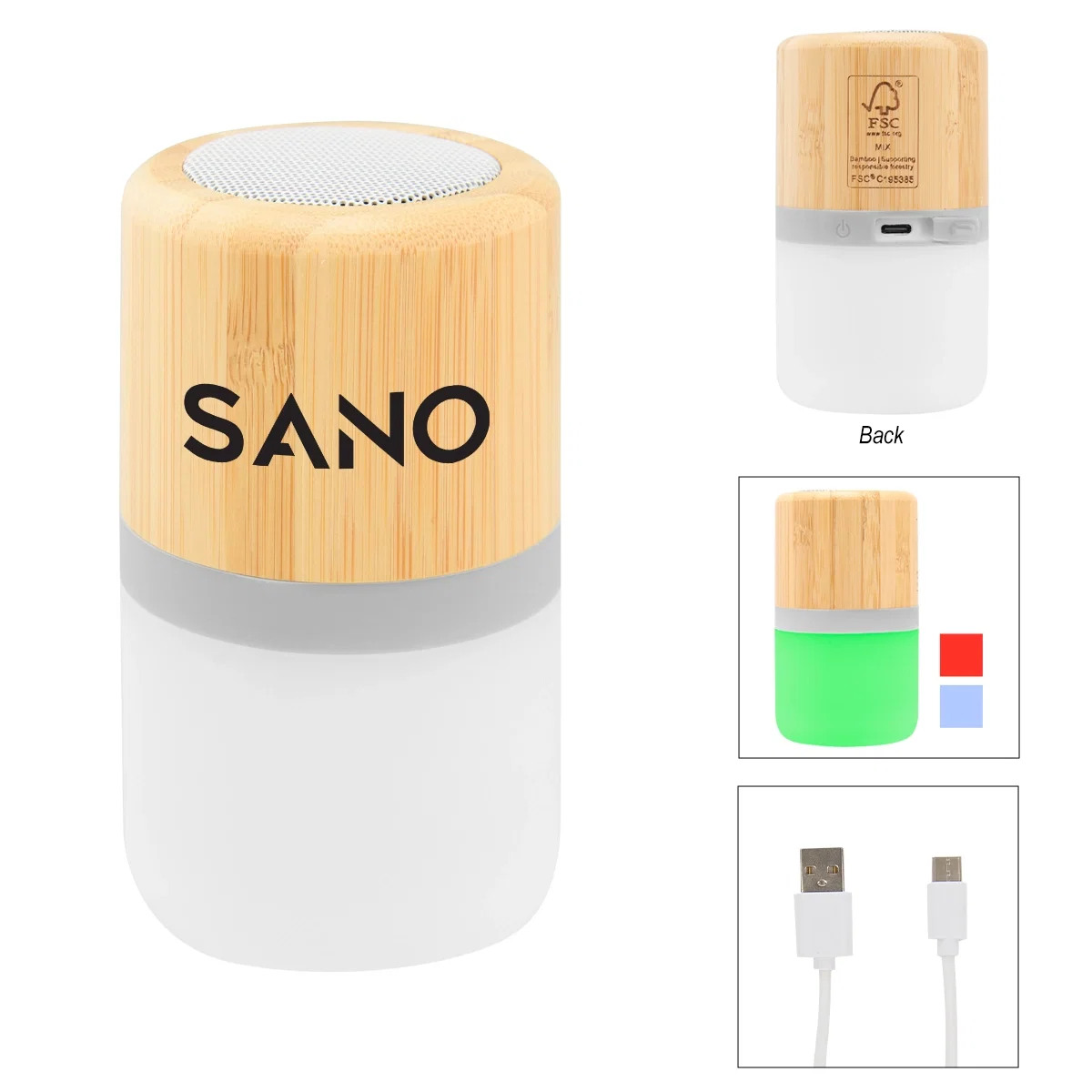 Bamboo wrapped speaker with a light up panel on the front