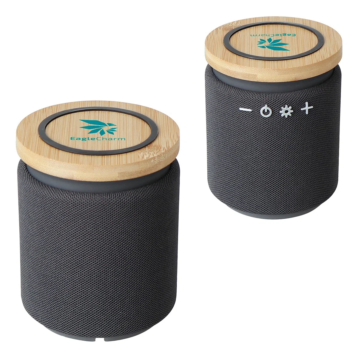 Custom Bamboo Wireless Speaker & Charger, front view of the branded speaker and wireless charger combo
