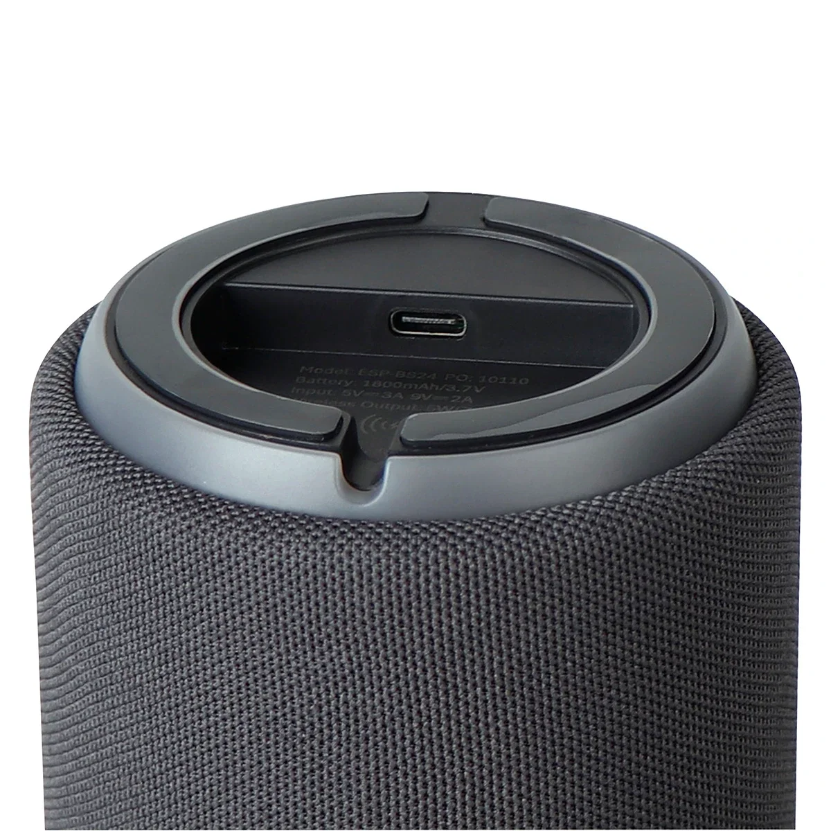 Close-up of the custom Bamboo Wireless Speaker's logo imprint area
