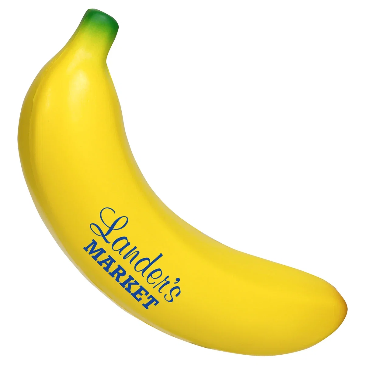 Banana shaped polyurethane stress reliever with a pad-printed side imprint