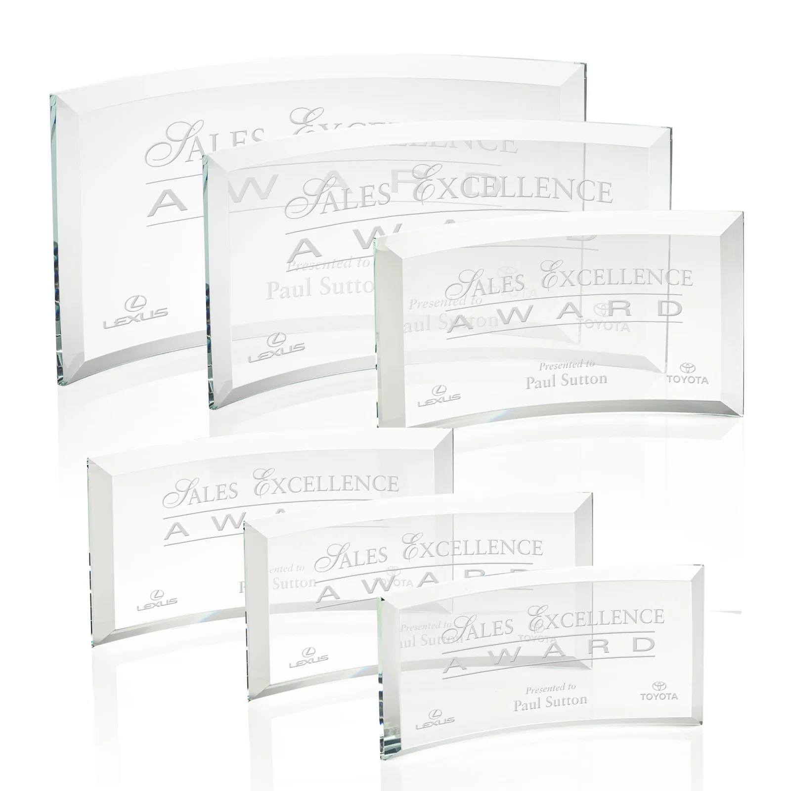 Custom Starfire or Jade Glass Crescent Award in Five Color Options for employee recognition