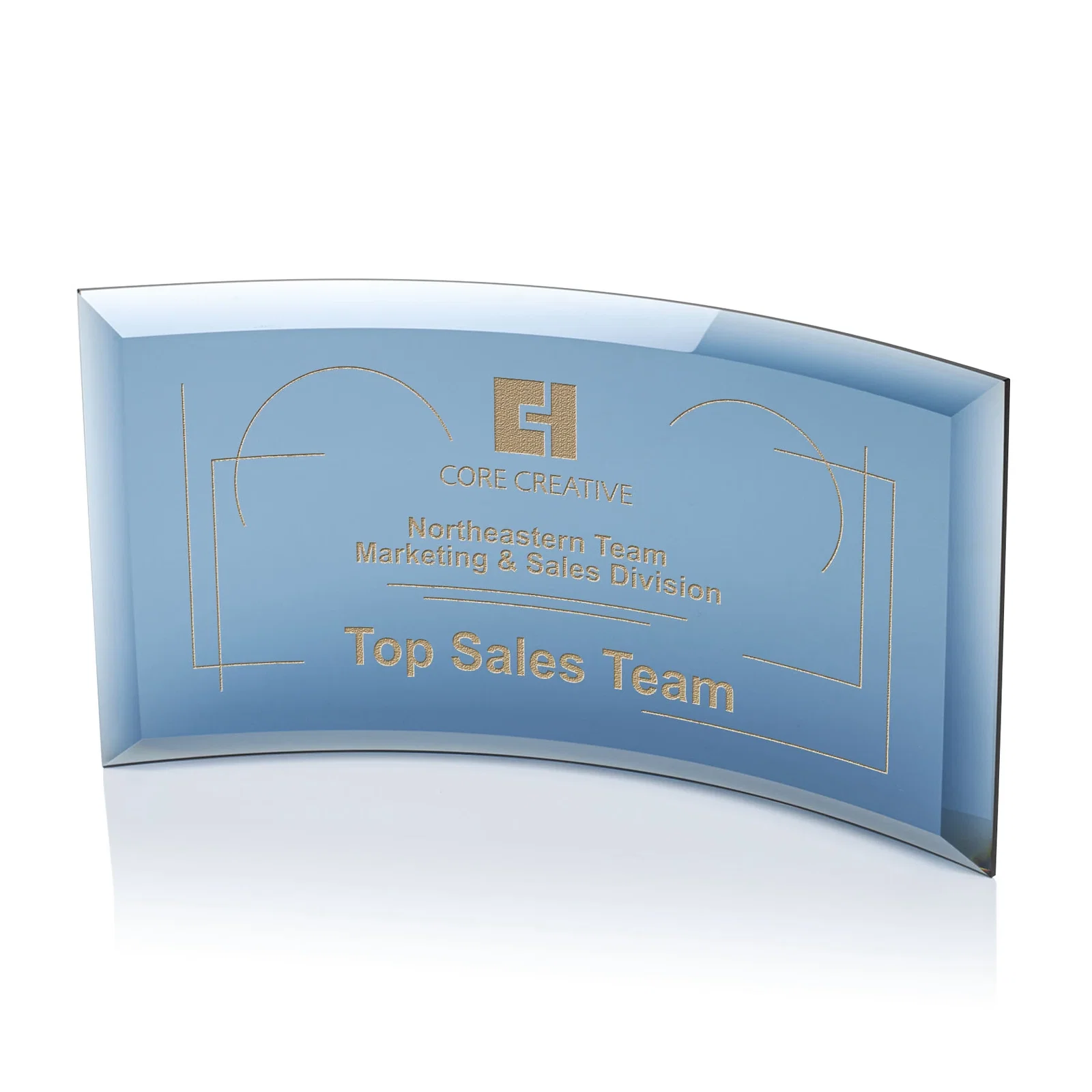 Custom Starfire or Jade Glass Crescent Award in Five Color Options for dealer and partner awards