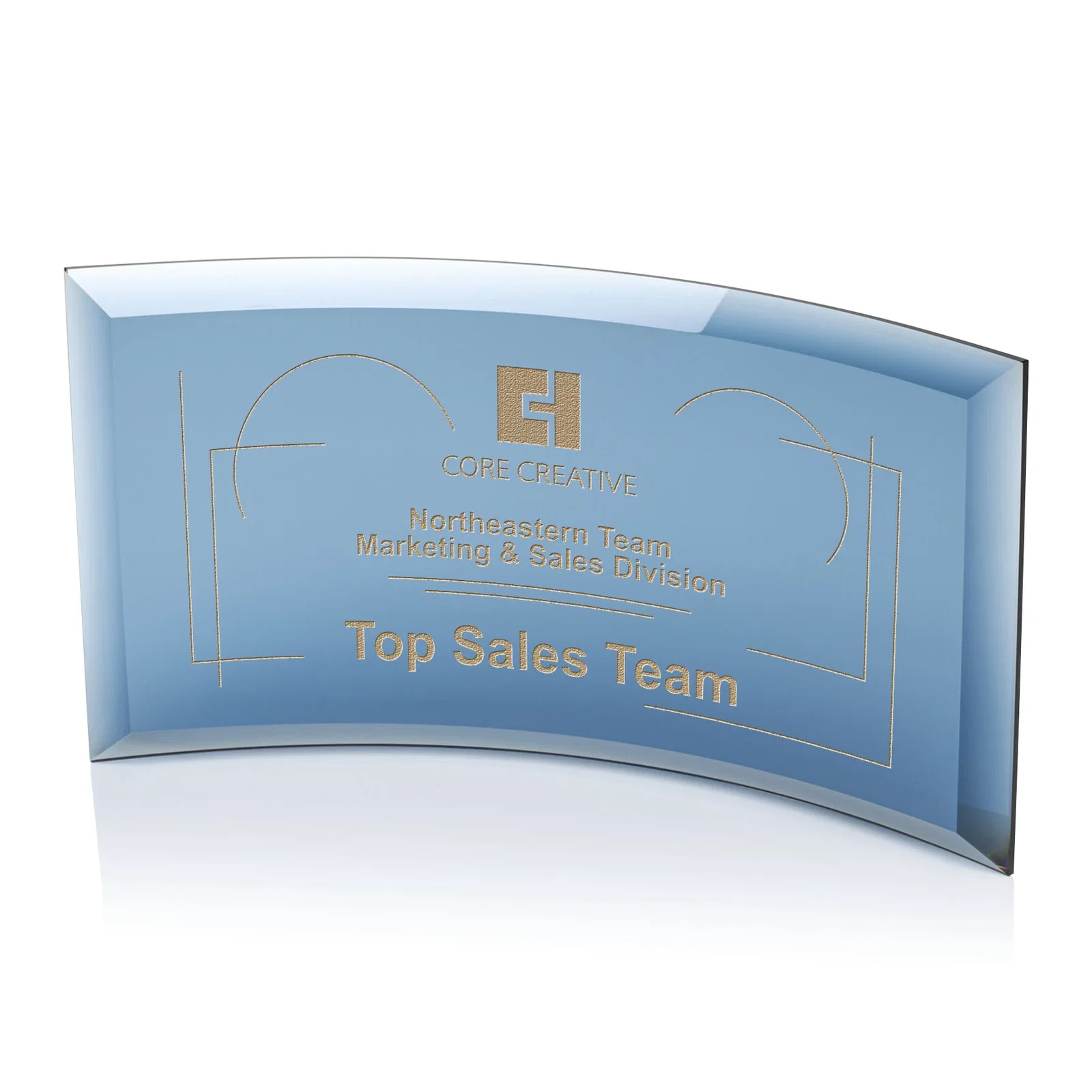 Custom Starfire or Jade Glass Crescent Award in Five Color Options for company anniversary events