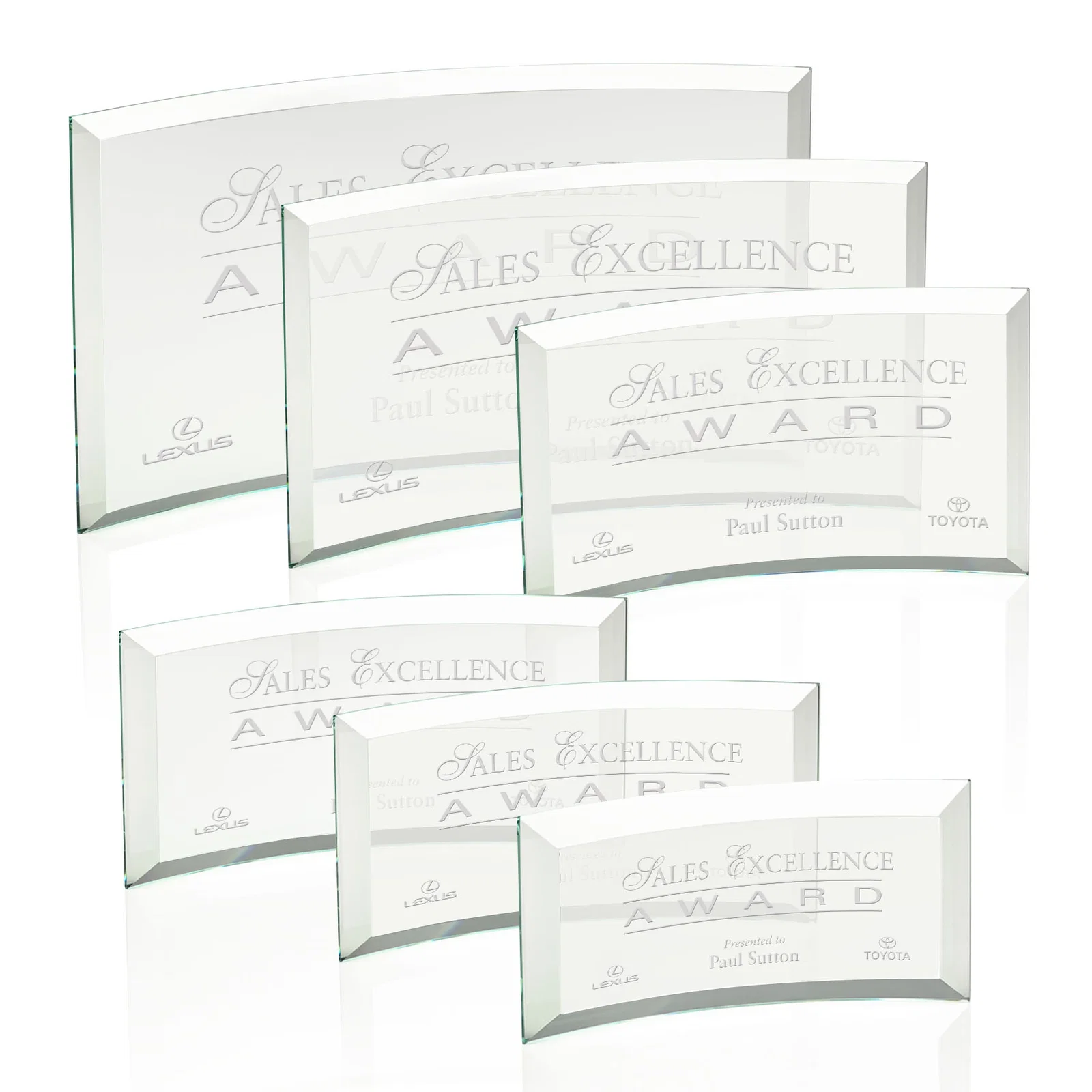 Personalized Starfire or Jade Glass Crescent Award in Five Color Options for team milestone celebrations