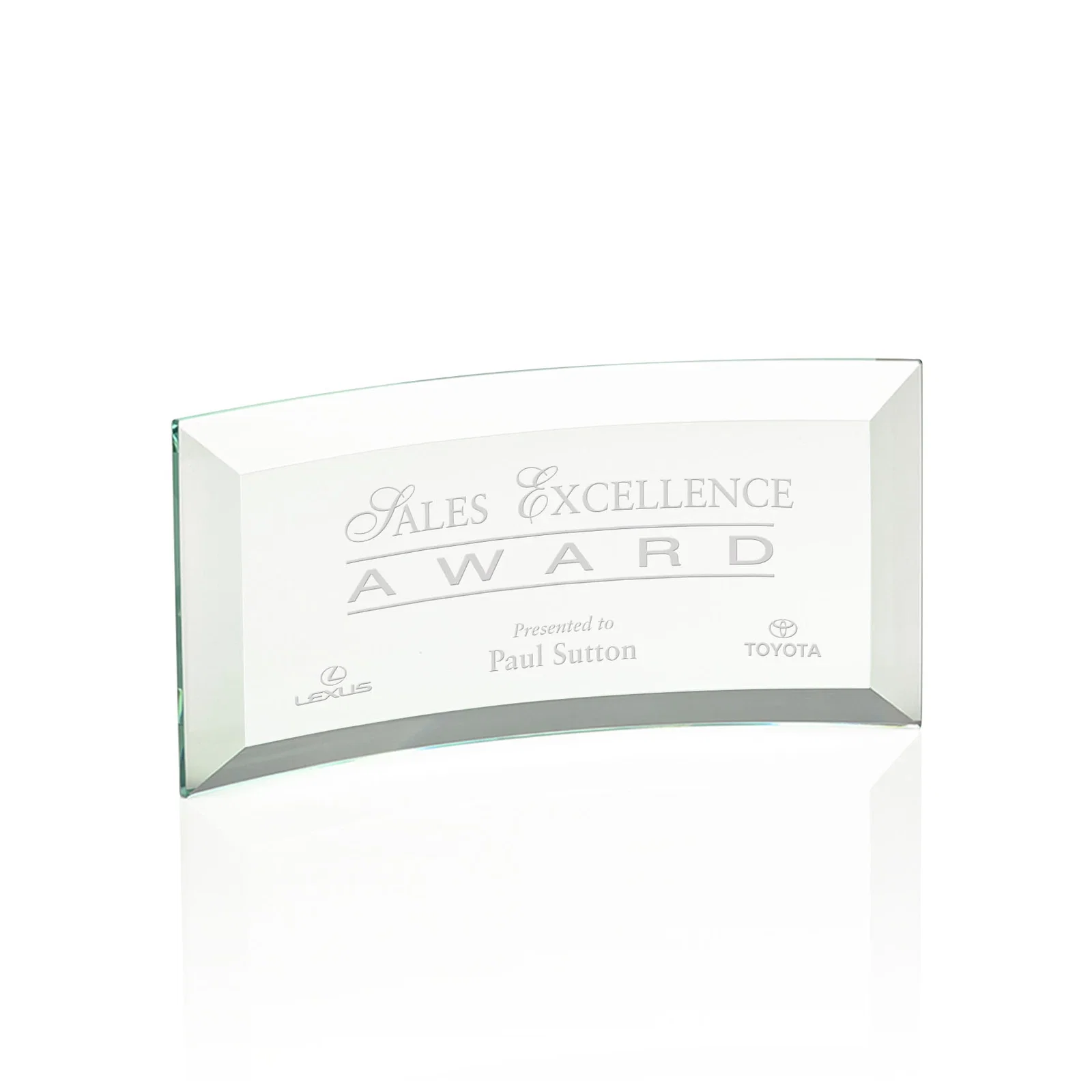 Personalized Starfire or Jade Glass Crescent Award in Five Color Options for donor appreciation