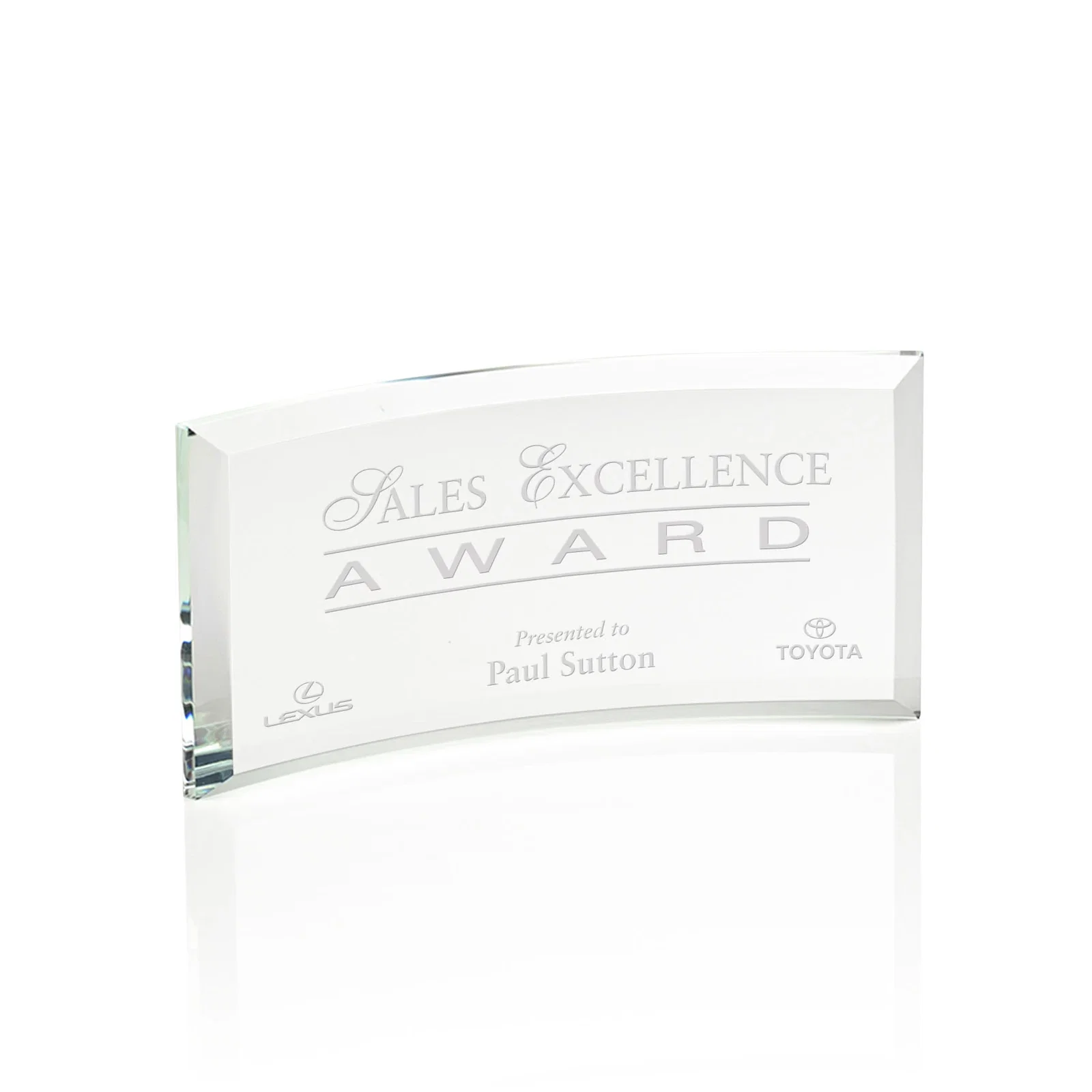 Custom Starfire or Jade Glass Crescent Award in Five Color Options for corporate award ceremonies