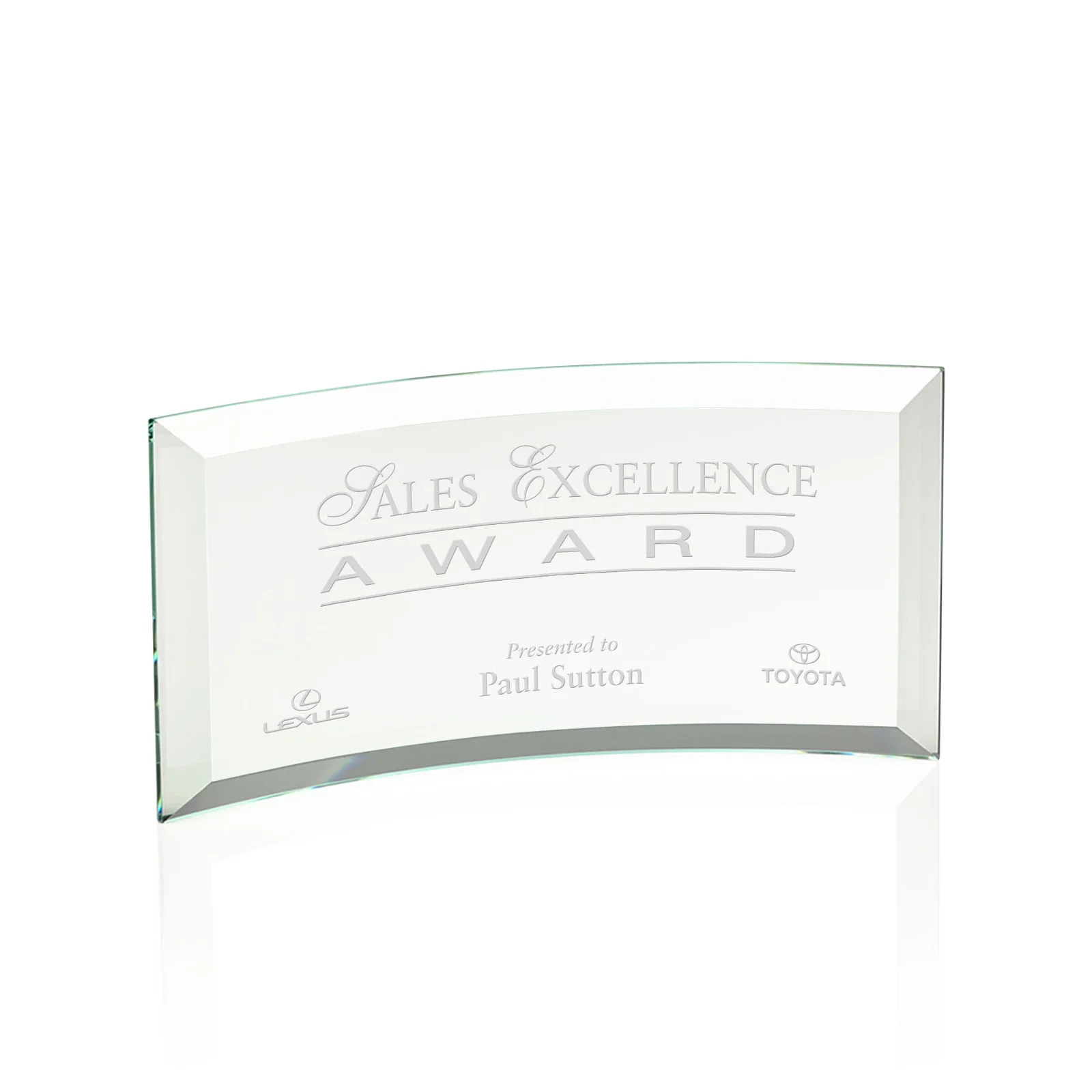 Personalized Starfire or Jade Glass Crescent Award in Five Color Options for graduation ceremonies