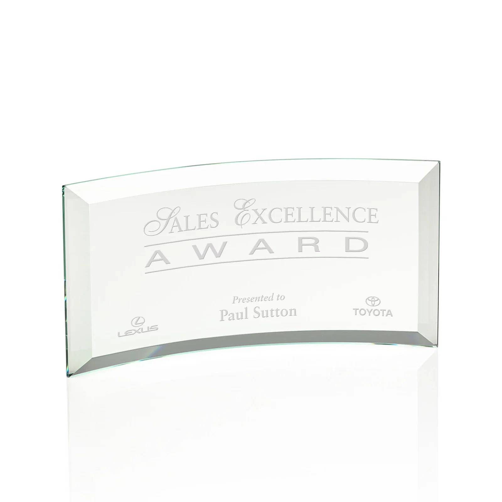 Personalized Starfire or Jade Glass Crescent Award in Five Color Options for safety achievement programs