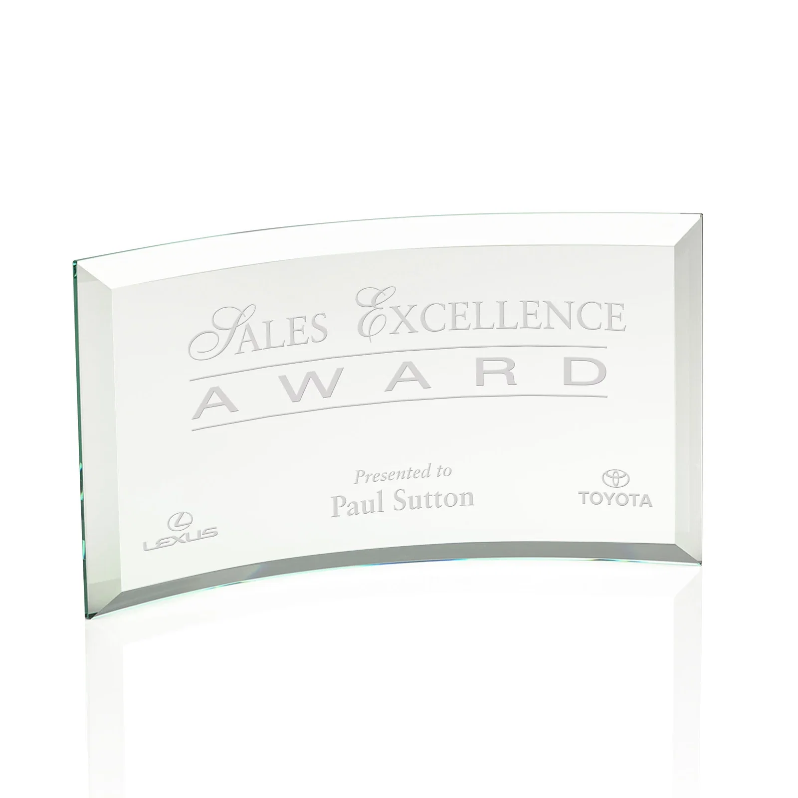 Personalized Starfire or Jade Glass Crescent Award in Five Color Options for volunteer appreciation