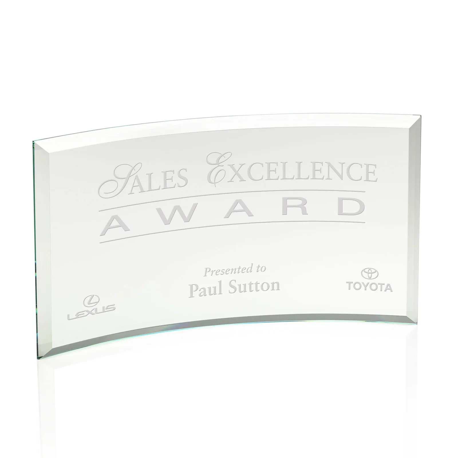Personalized Starfire or Jade Glass Crescent Award in Five Color Options for dealer and partner awards