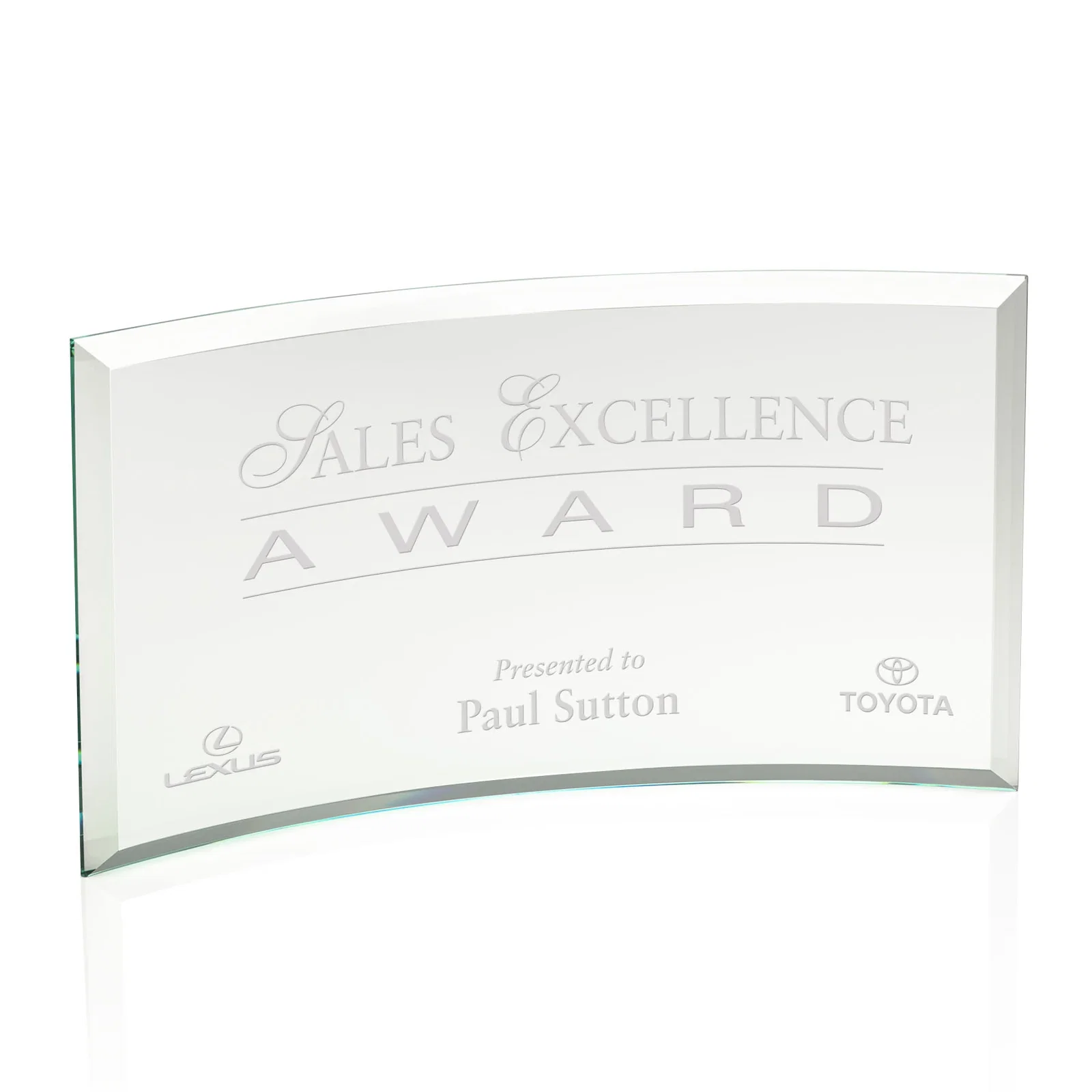 Personalized Starfire or Jade Glass Crescent Award in Five Color Options for company anniversary events