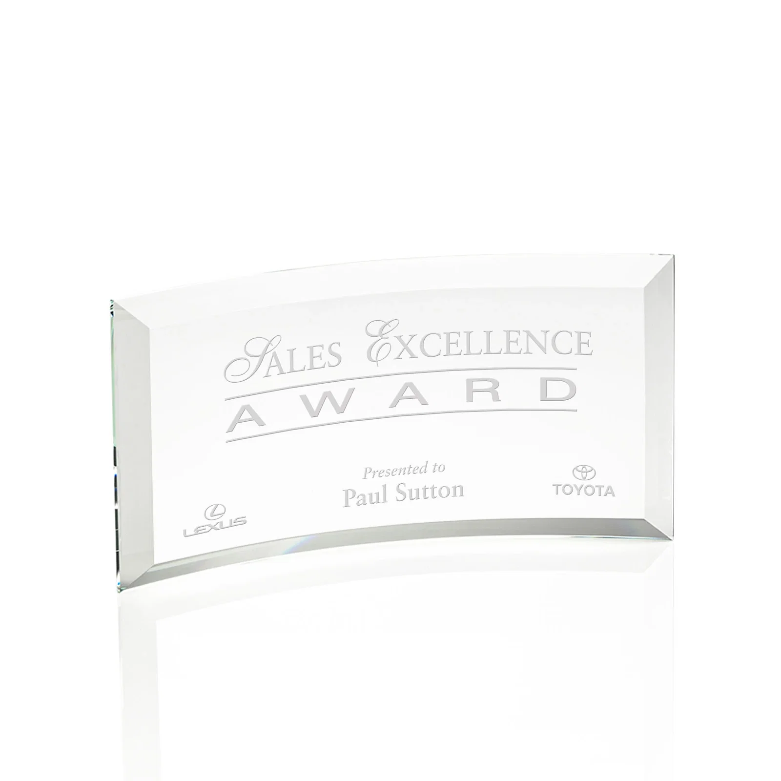 Custom Starfire or Jade Glass Crescent Award in Five Color Options for service anniversary gifts