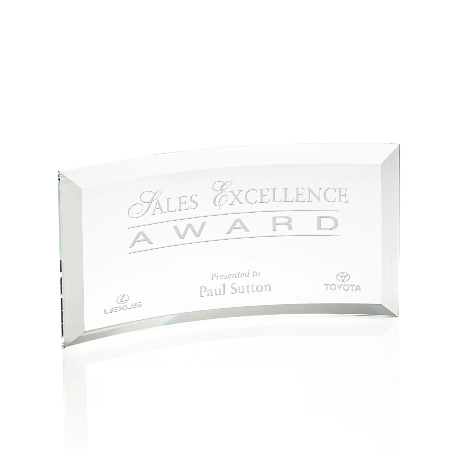 Custom Starfire or Jade Glass Crescent Award in Five Color Options for sales achievement awards