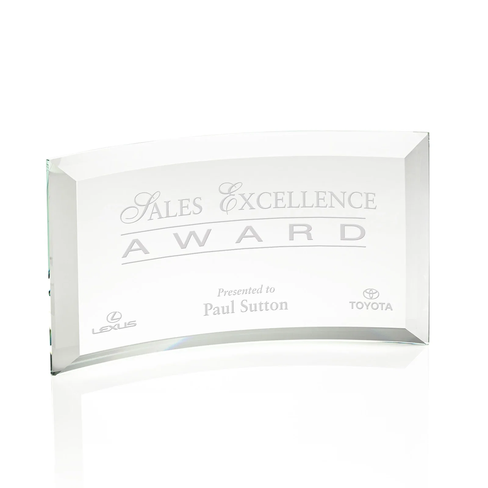 Custom Starfire or Jade Glass Crescent Award in Five Color Options for retirement presentations