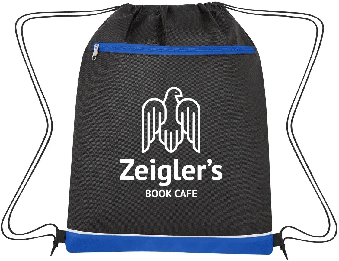Black drawstring backpack with colored trim for events and giveaways
