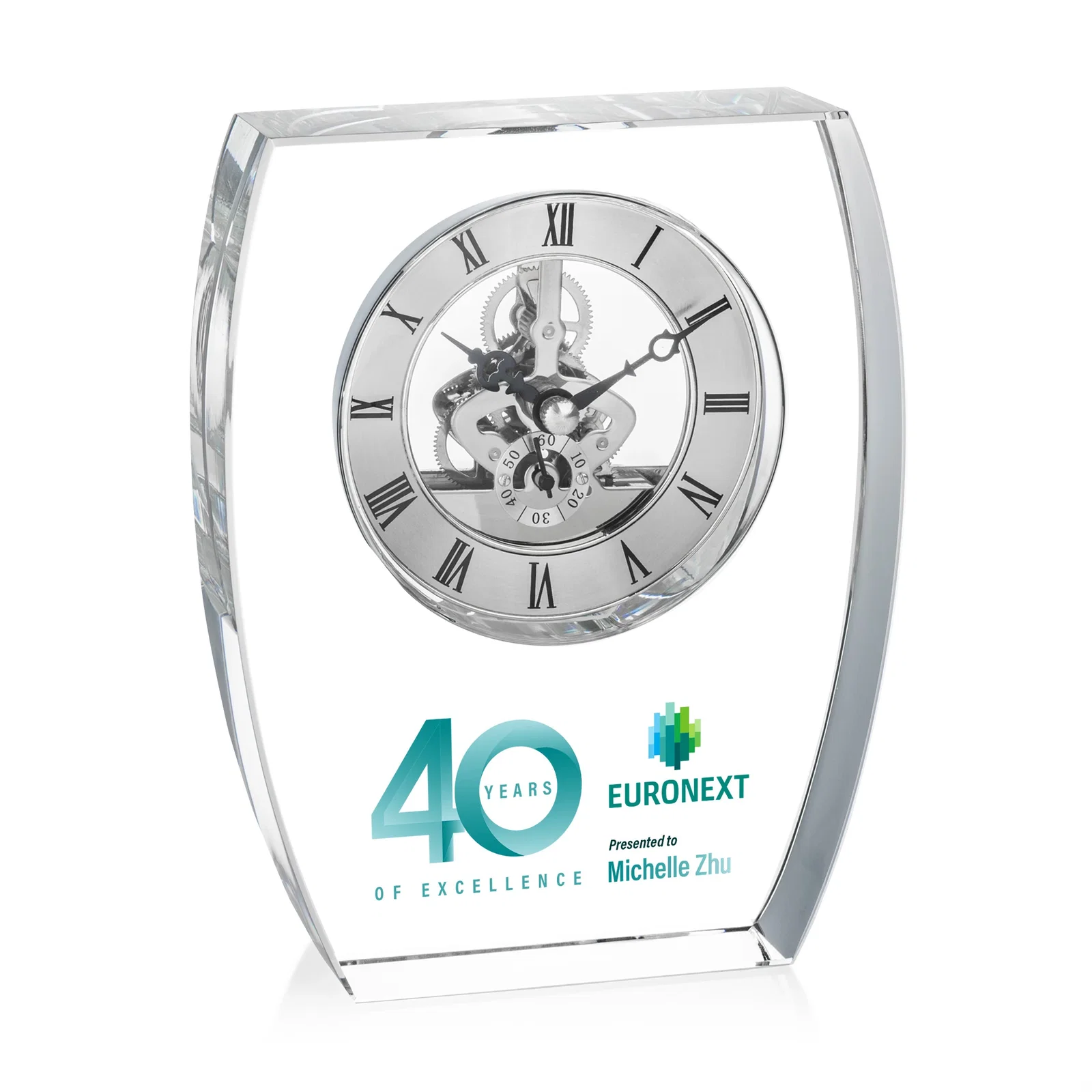 Custom Optical Crystal Skeleton Desk Clock in Clear, Silver, or Gold for graduation ceremonies
