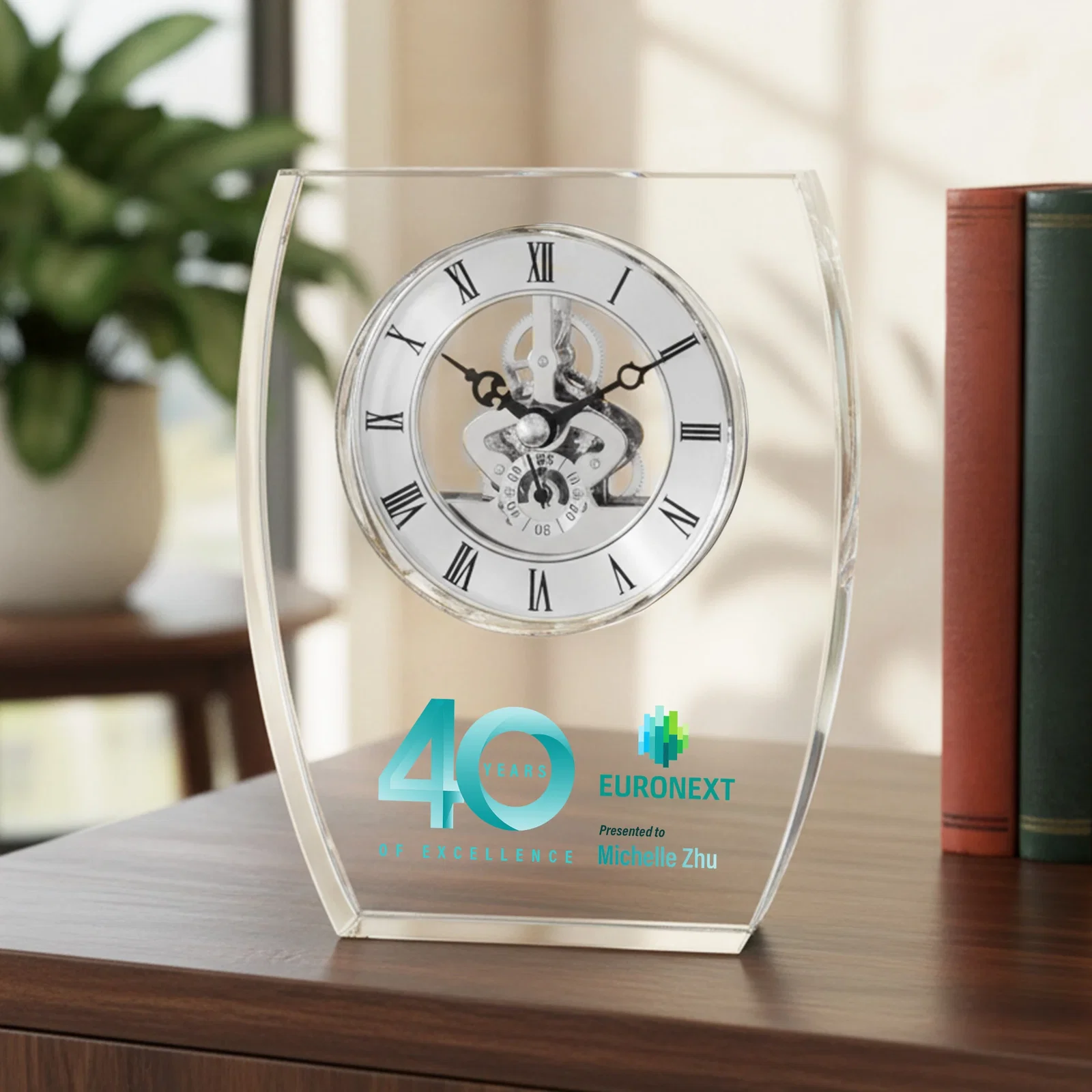 Custom Optical Crystal Skeleton Desk Clock in Clear, Silver, or Gold for safety achievement programs