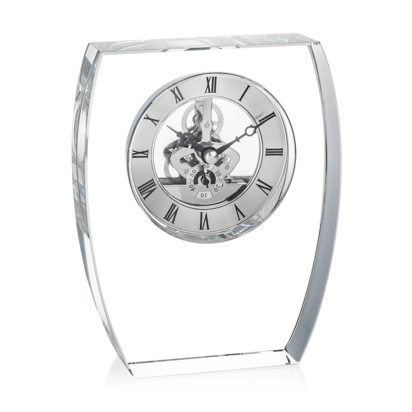Custom Optical Crystal Skeleton Desk Clock in Clear, Silver, or Gold for volunteer appreciation