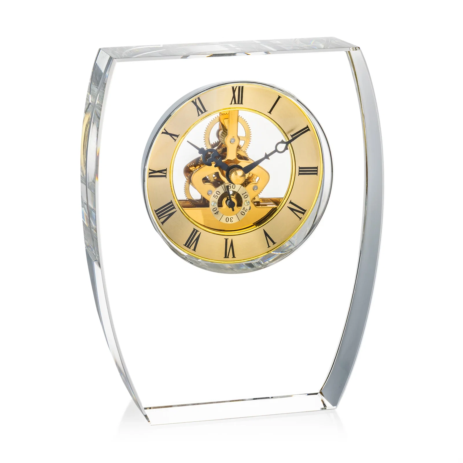 Custom Optical Crystal Skeleton Desk Clock in Clear, Silver, or Gold for dealer and partner awards