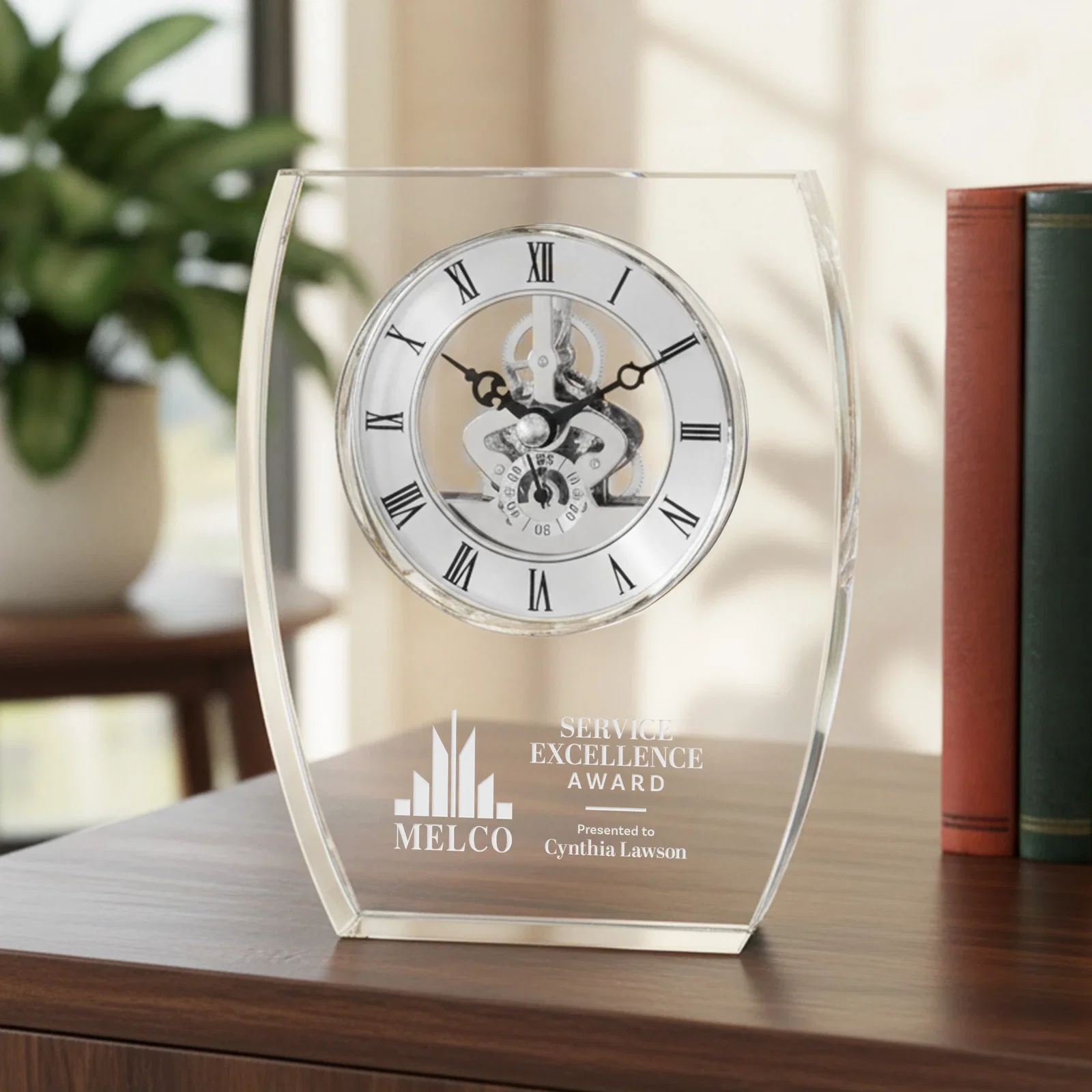 Custom Optical Crystal Skeleton Desk Clock in Clear, Silver, or Gold for corporate award ceremonies