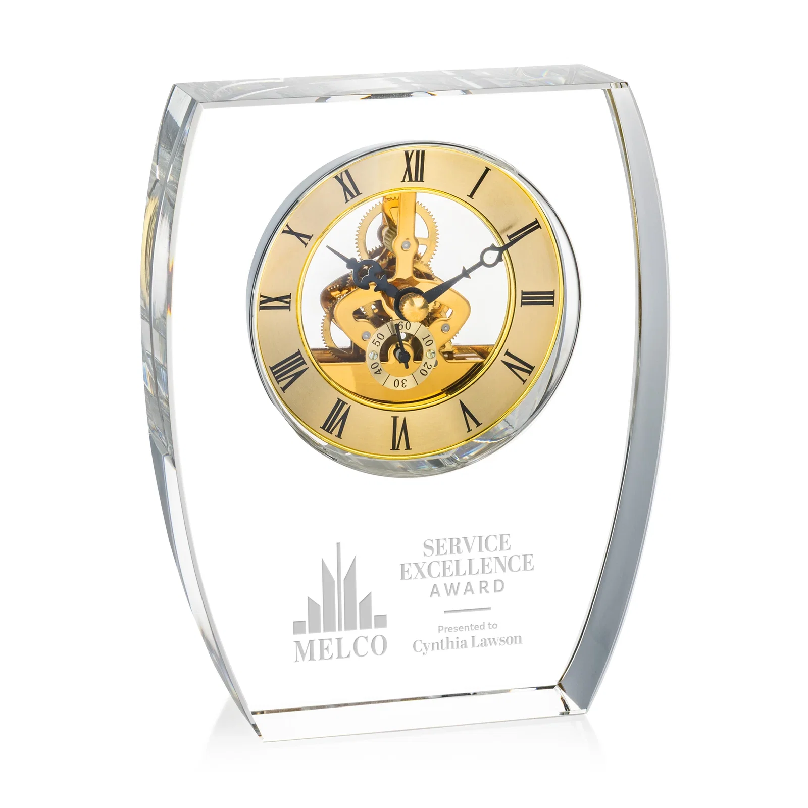 Custom Optical Crystal Skeleton Desk Clock in Clear, Silver, or Gold for service anniversary gifts