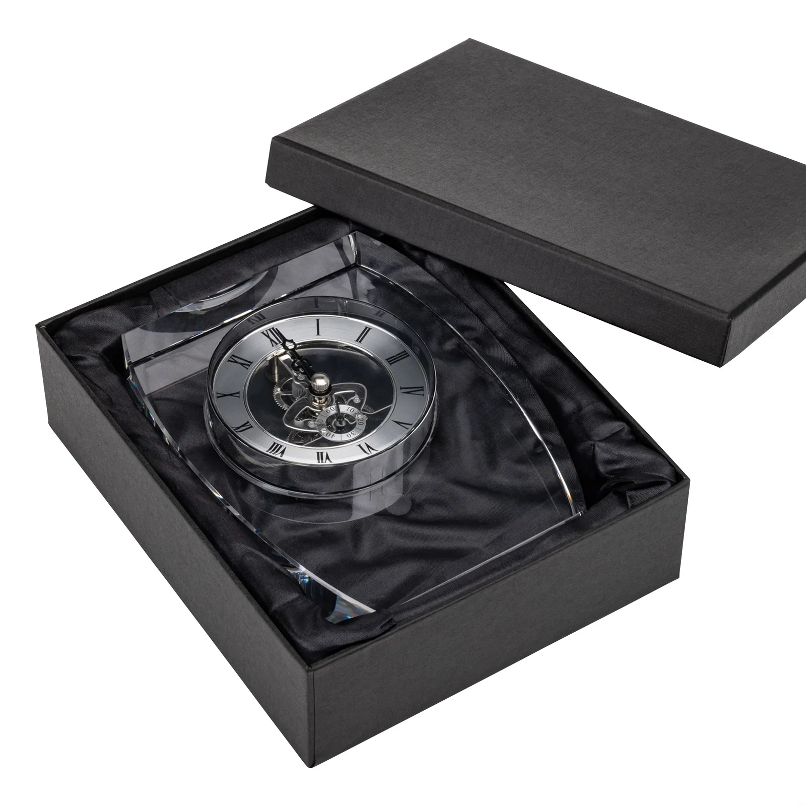 Custom Optical Crystal Skeleton Desk Clock in Clear, Silver, or Gold for sales achievement awards