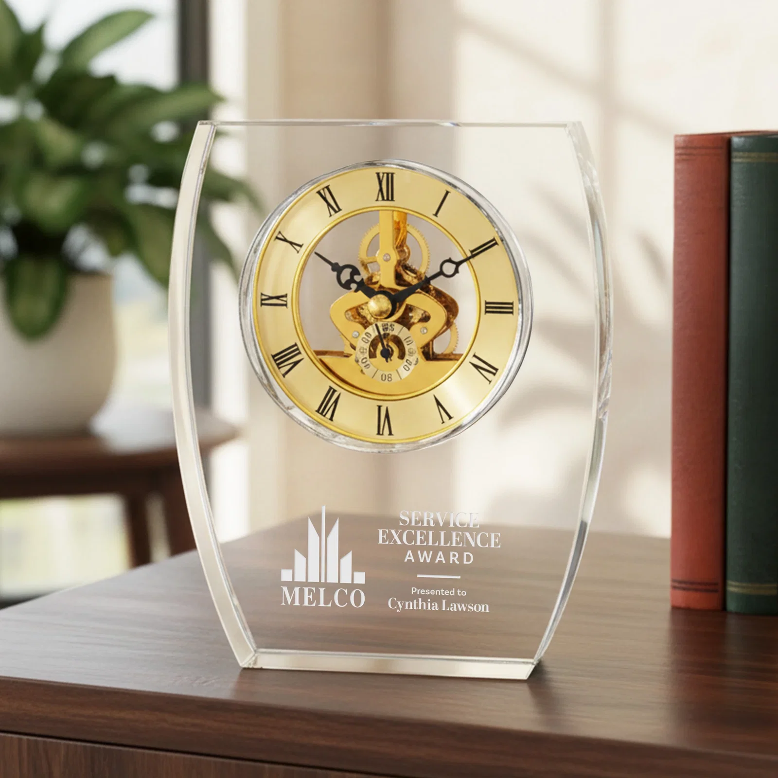 Custom Optical Crystal Skeleton Desk Clock in Clear, Silver, or Gold for retirement presentations