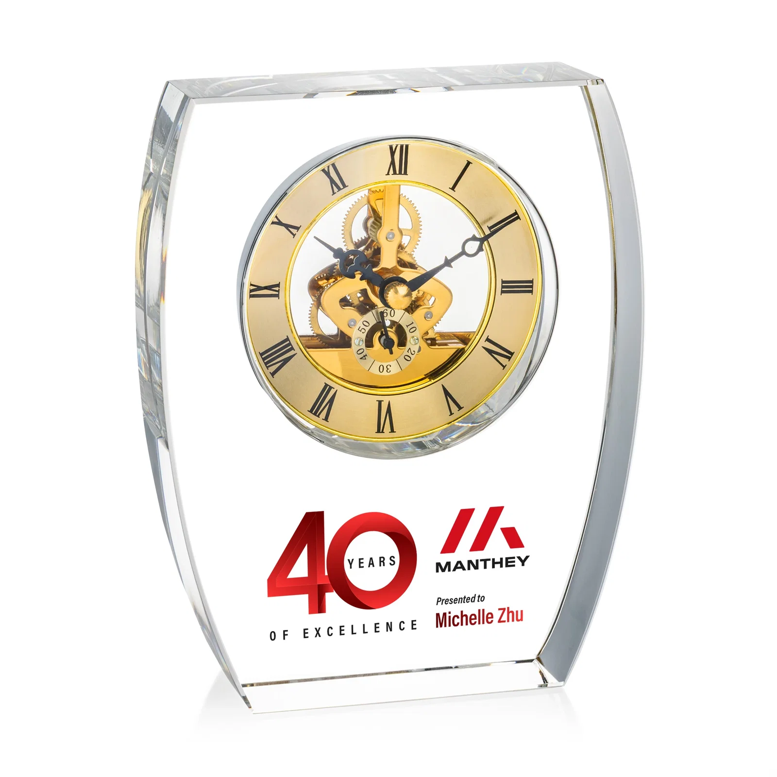 Custom Optical Crystal Skeleton Desk Clock in Clear, Silver, or Gold for team milestone celebrations
