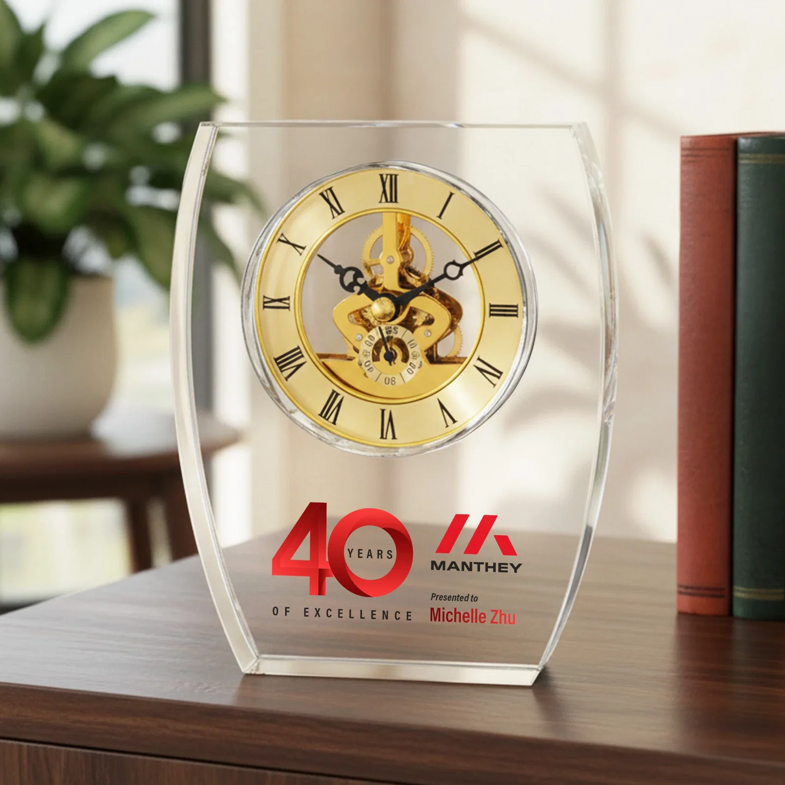 Custom Optical Crystal Skeleton Desk Clock in Clear, Silver, or Gold for donor appreciation