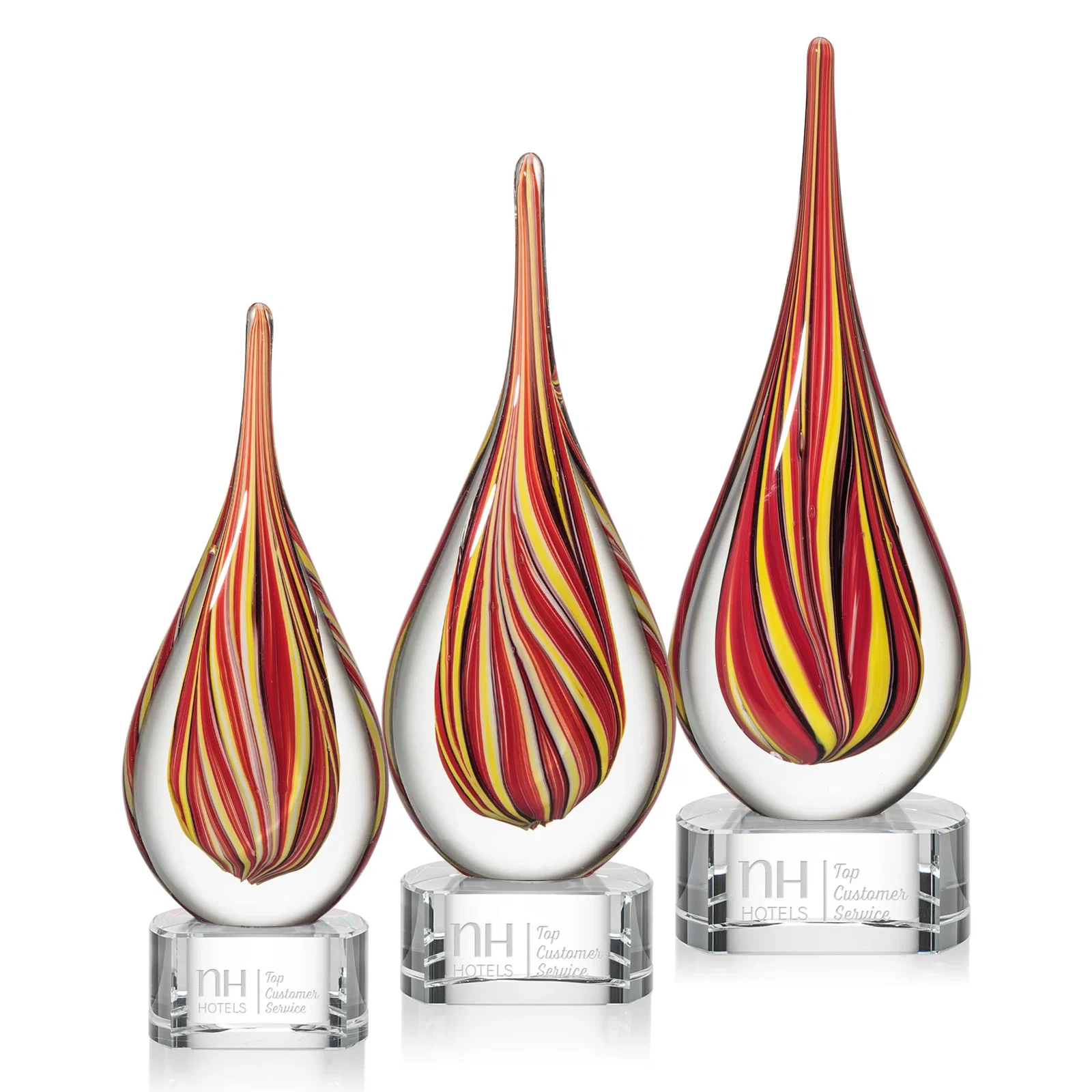 Custom Ruby and Amber Swirl Glass Flame Teardrop Award for employee recognition